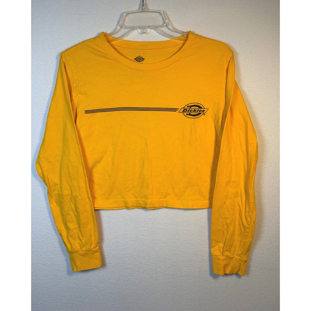 Dickies Crop Top Women Large Yellow Excellent Long Sleeve Graphic Logo Tee